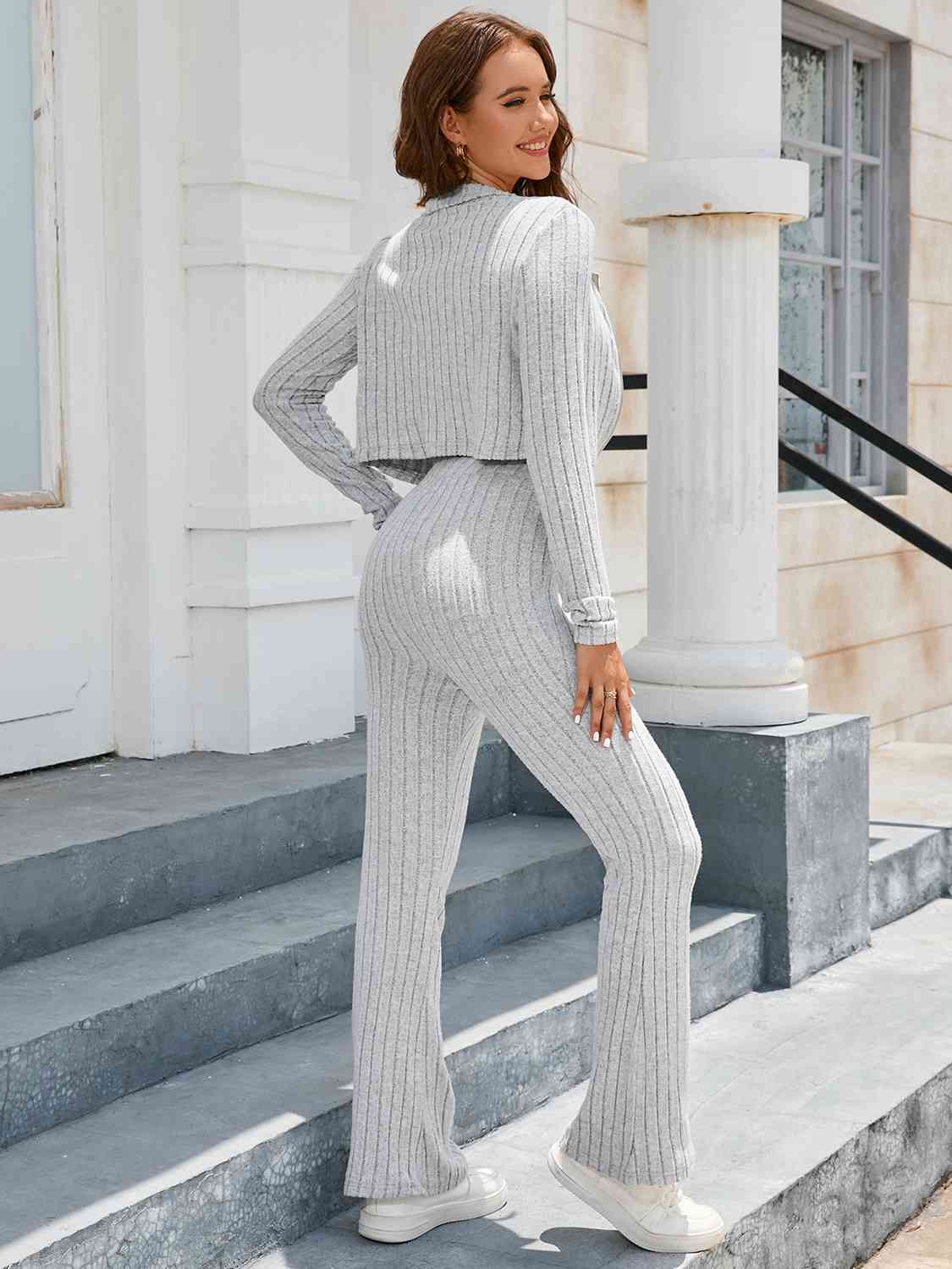 Ribbed Collared Neck Zip-Up Top and Pants Set